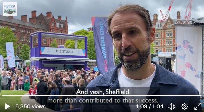 Gareth Southgate in Sheffield's Peace Gardens for the UEFA Women's Euros Roadshow