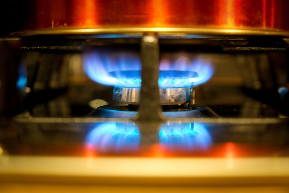 A close up of a blue flame lit on a gas ring hob