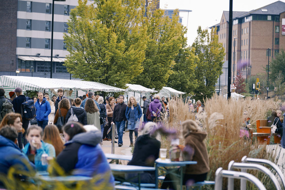 Pollen market stalls with crowds of people wandering around them