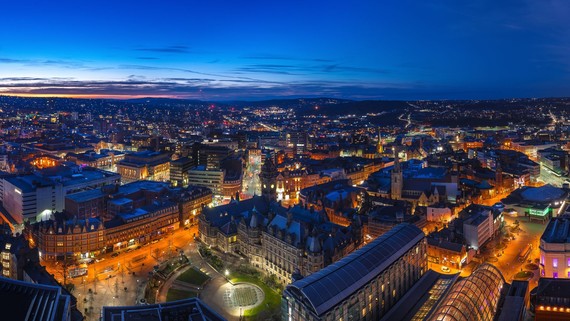 View of Sheffield City Centre at night evening