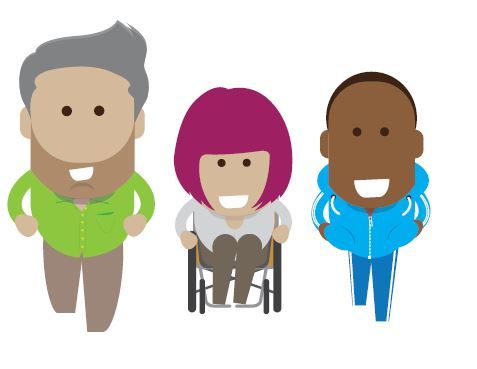 3 cartoon people.  One of them is in a wheelchair