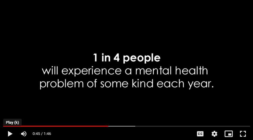 Video image with text that says 1 in 4 people will experience a mental health problem of some kind each year