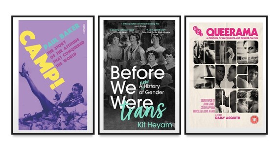 Book cover of "Camp!", "Before We Were Trans" and film poster for "Queerama"