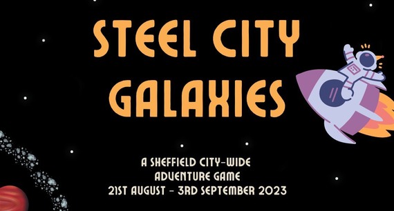 Graphic with an illustration of a rocket and various planets, saying 'Steel City Galaxies'