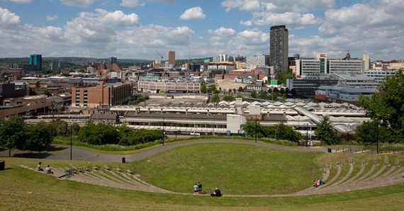 Panoramic view of Sheffield skyline from the top of the Amphitheatre above the train station.