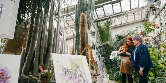 Two visitors, surrounded by various plants and trees, observing paintings at the pavilion of Sheffield Botanical Gardens
