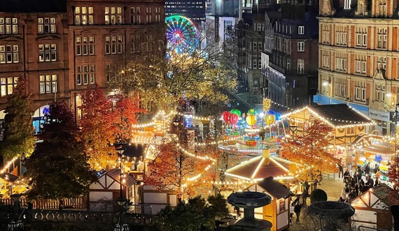 Sheffield Christmas markets, with colourful, festive lights twinkling across the city centre