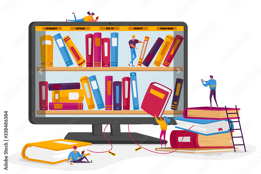 Cartoon images of books on a computer screen