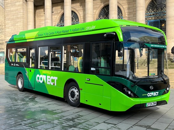 The green Sheffield Connect bus outside Sheffield City Hall