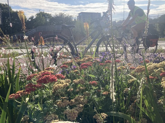 Green path with cyclist