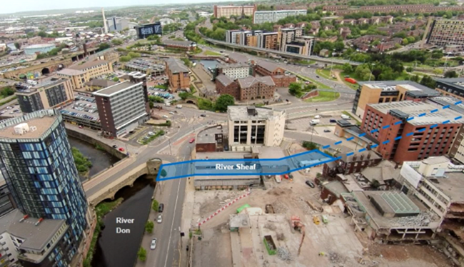 The castle site from above, with a graphic showing where the covered-up River Sheaf currently lies hidden