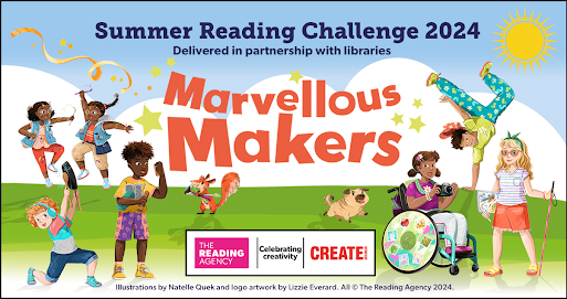 Summer Reading Challenge logo, showing children playing and being creative outdoors