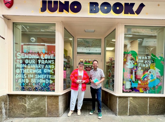 Cllr Miskell standing outside Juno Books on Chapel Walk with owner Rosie