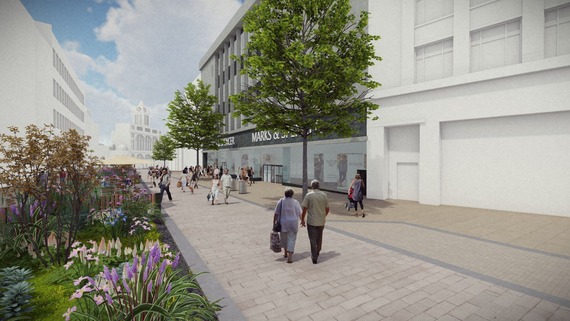 An artist impression of the new Fargate featuring M&S, trees, and SuDS