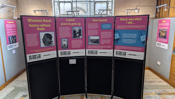 An image of the Winston Hazel section of the Beyond the Bassline exhibition. Panels provide information on Winston's career.