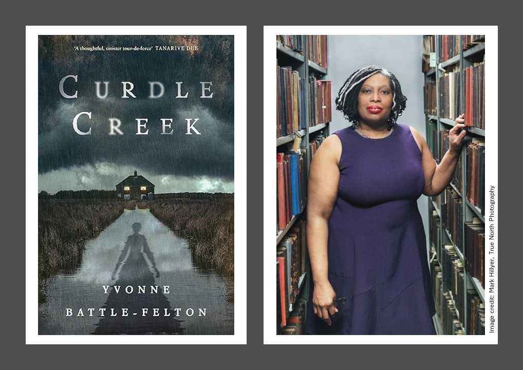 On the left is the cover of the novel Curdle Creek. On the right is a photo of the author, Yvonne Battle-Felton, a Black woman in a dark purple dress
