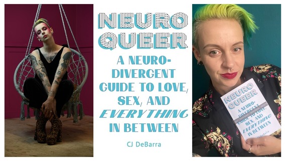 An image of the book cover for NeuroQueer, and two photos of the author, a non-binary person with brightly coloured hair