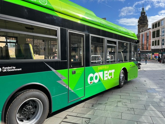 The green Sheffield Connect bus in the city centre