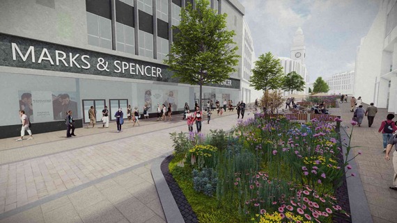 An artist impression of Fargate with people strolling past blooming SUDs beds and Marks and Spencer.