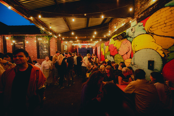 full beer garden with ambient lighting