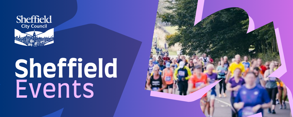 Sheffield Events newsletter header in purple featuring a photo of Sheffield Half Marathon runners 