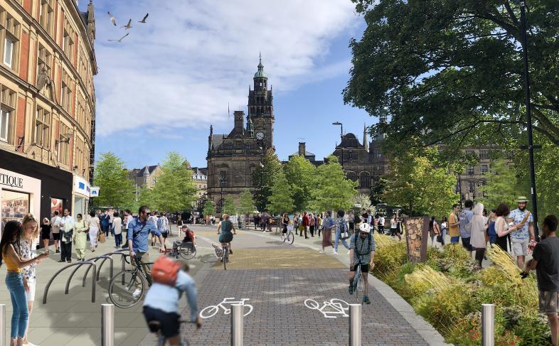 Artists impression of the regenerated Pinstone Street in the City Centre