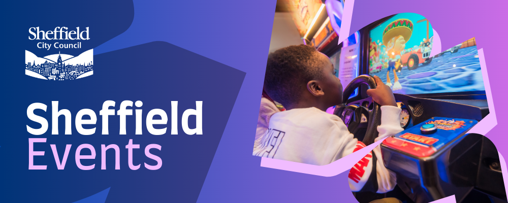 Sheffield Events header featuring an image of a child playing a cartoon racing game at the National Videogame Museum