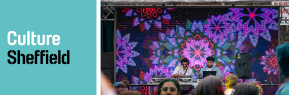 two men djaying infront of psychadelic backdrop
