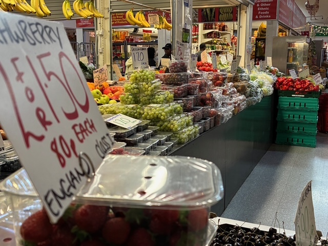 A close up of a fruit stall at the Moor Market.