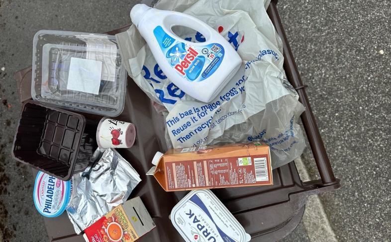 Plastic packaging spread out on top of a brown bin. The packaging includes empty food trays, a washing liquid bottle and a carrier bag.