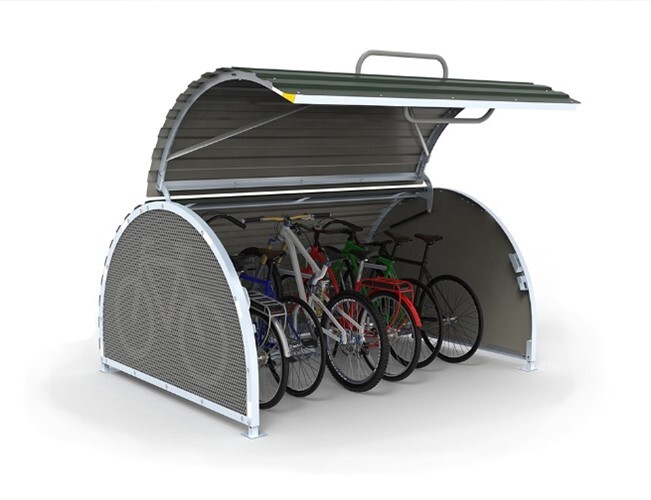 A half cylinder shaped cycle hangar, with the front open to show several bikes stored inside