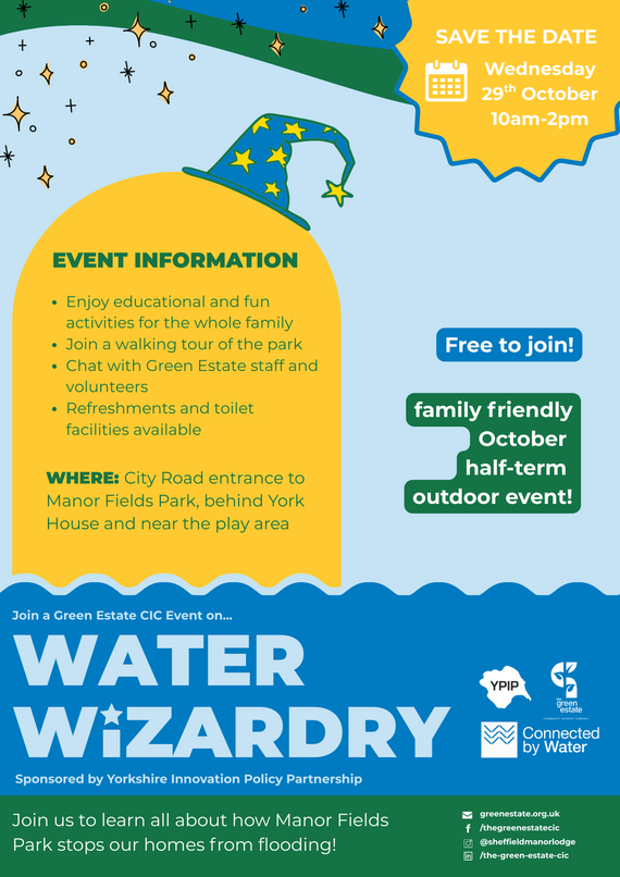 A blue, green and yellow poster with a blue wizard's hat in the corner containing details of the event.