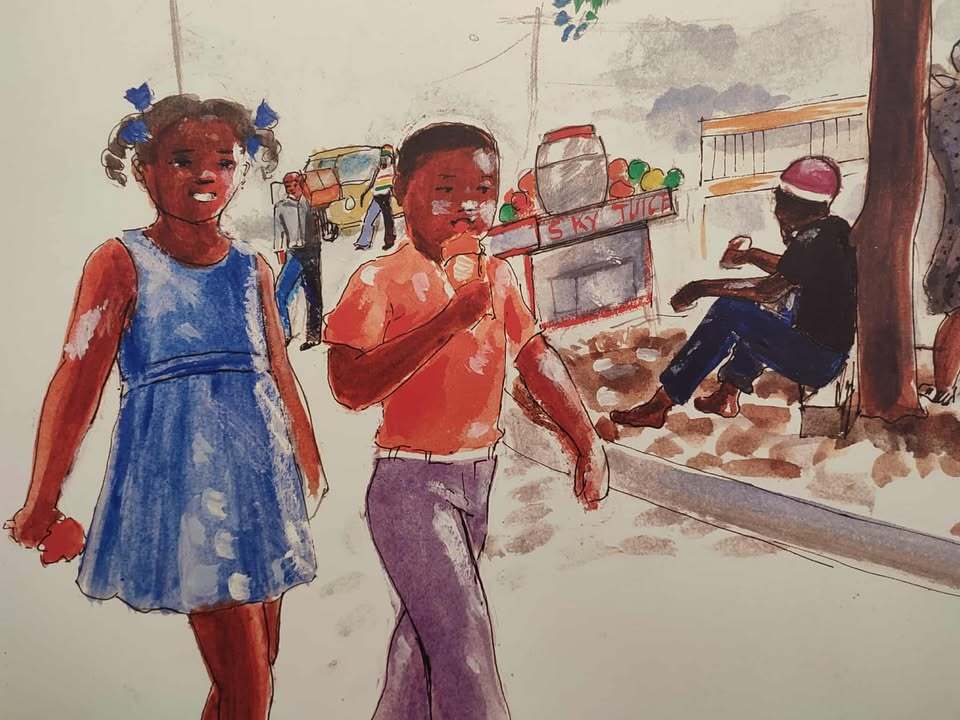 An illustration of two Black children walking and eating ice cream