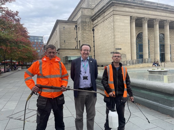 Cllr Joe Otten with operatives from Nordic Products and Services Ltd who have been cleaning the city's pavements