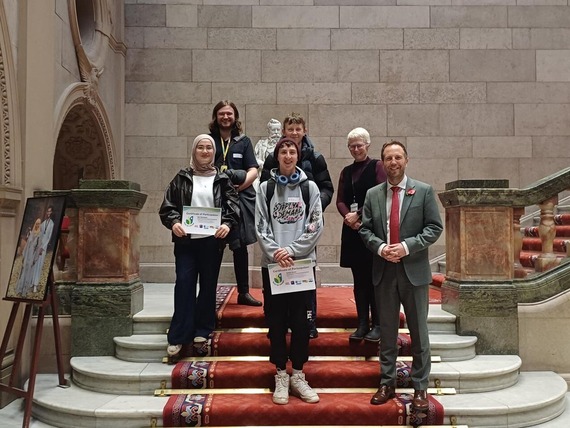 Youth Takeover Day students and tutor with Councillor Miskell and Sustainability Officer Victoria Penman at Sheffield Town Hall