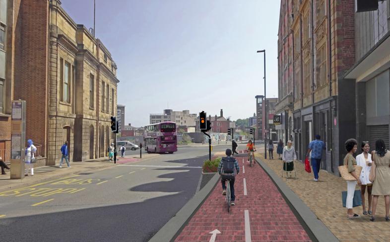 A artists impression of the active travel infrastructure on Castle Street