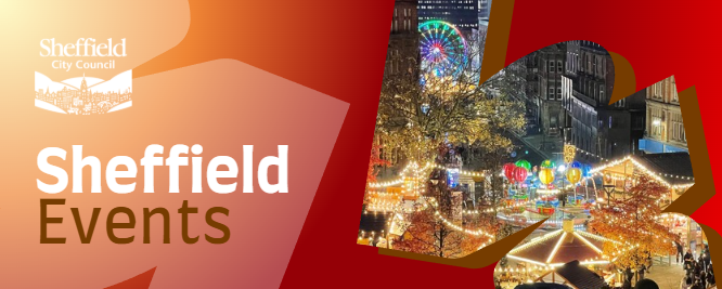 Sheffield Events heading, next to an image of Sheffield Christmas Market lit up at night