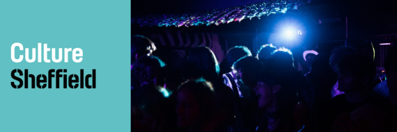 Culture Sheffield logo next to a dark nightclub dance scene with gentle blue lighting.