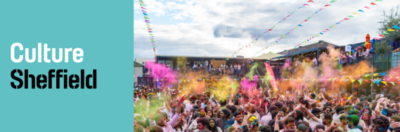 Culture Sheffield logo next to a picture of packed festival with colourful festooning and bright powdered paint in the air.