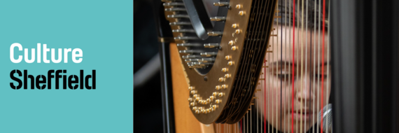 Culture Sheffield logo next to picture of a person's head photographed through the strings of a harp.