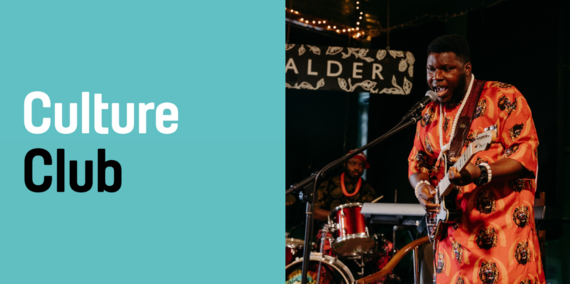 Culture Sheffield logo next to person in vibrant orange African dress playing a guitar and singing.