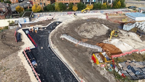 Aerial photo of tarmacking and gabion basket installation in October