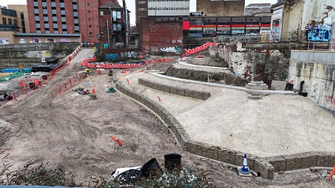 Gabion baskets on the lower area of the Castlegate site