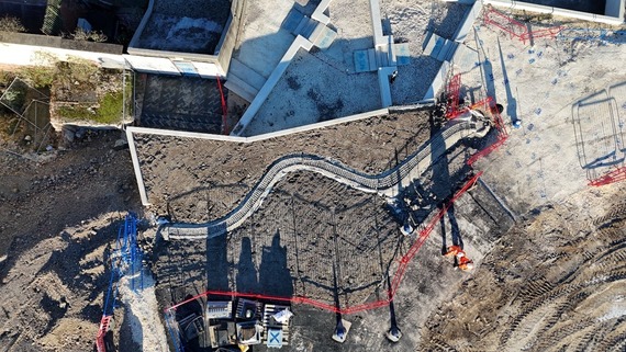 An overhead photo of the swale next to retaining wall 5 on the Castlegate site