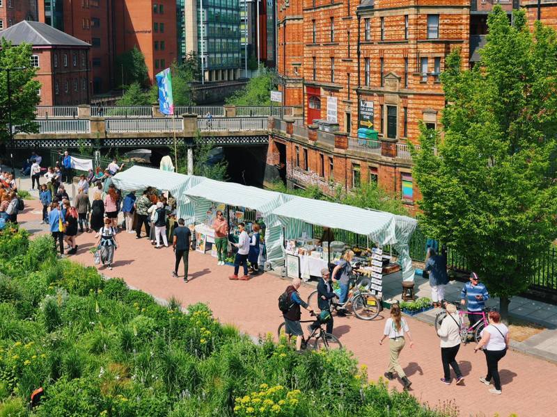 People walk between bright bushes and flowers on one side and market stalls on the other. It is a sunny scene in Sheffield's Castlegate district.