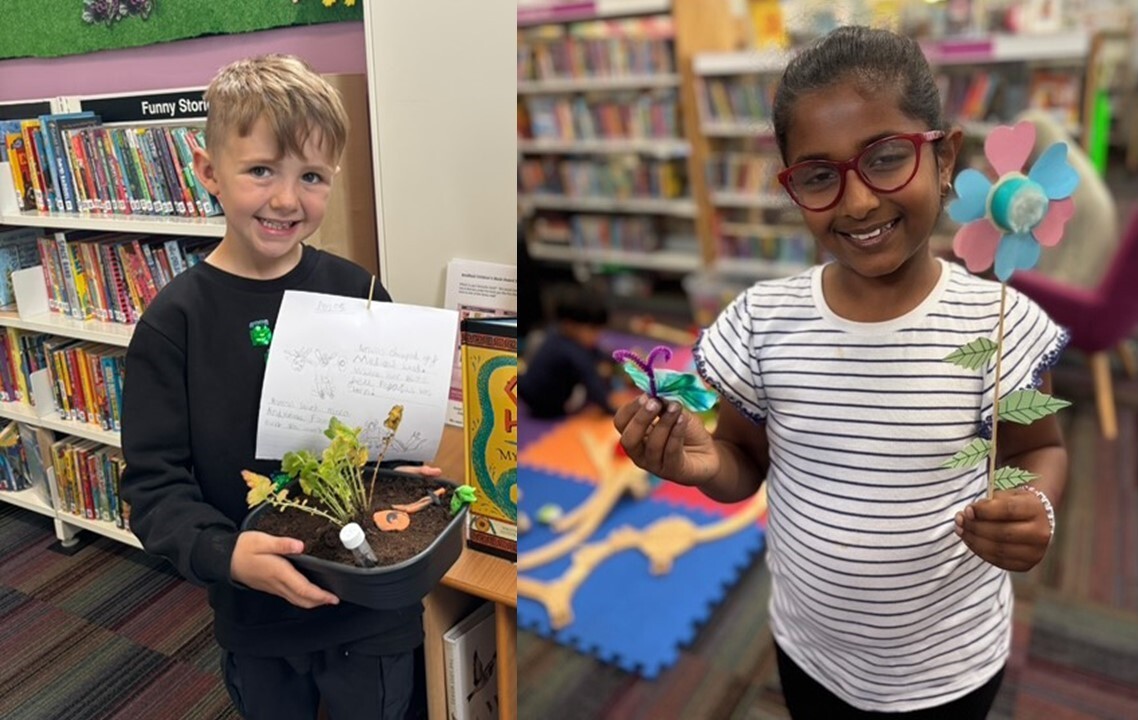 Two children holding nature-themed crafts created at an Amazelab workshop