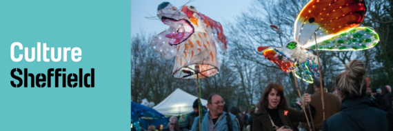 Culture Sheffield logo next to people holding a dog and butterfly lantern under a clear evening sky.
