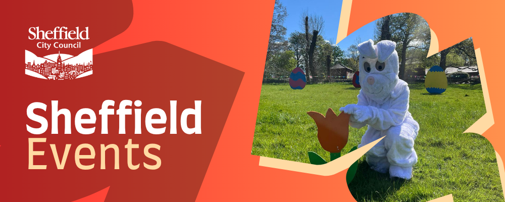 Sheffield Events. A person dressed in an Easter bunny costume in a field decorated with colourful Easter eggs
