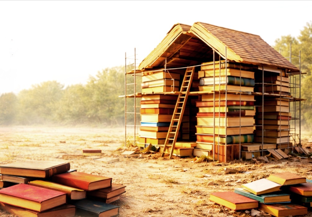 A graphic of a house built out of books