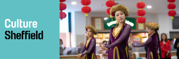 Culture Sheffield logo next to dancers in oeriental purple dresses moving elegantly in front of hanging red lanterns.